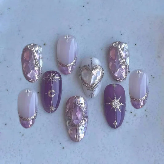 24pcs Long Almond Press on Nails Tip with Cute Flower Butterfly Design Stick on False Nail Art French Pearl Pink Blush Fake Nail