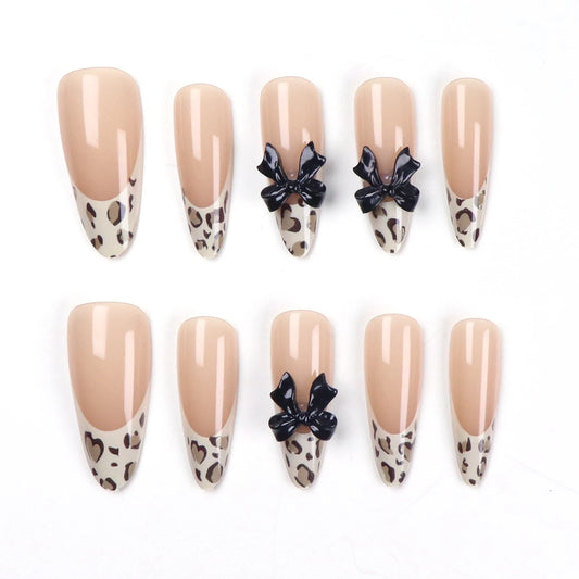 10pcs-XS/S/M French Almond Press on Nails Leopard Print False Nails 3D Bow Wearable Stick-on Nails Fake Nail