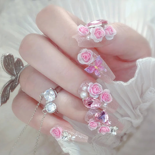 24pcs Gentle False Nails 3D Pink Flower Metal Bowknots Press On Nails Medium-lenghth Wearable Korean Style Fake Nail Tips Art