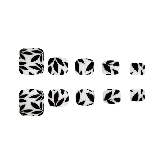 24pcs Matte Black Leaf False Toenails Black Flower Printed Fake Toenail for Women Lady Summer Beach Wearable Press on Toe Nails