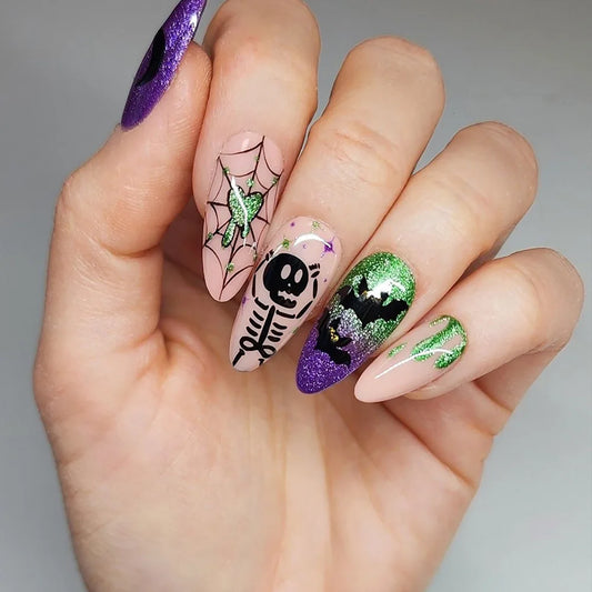 24pcs Wearable Press on Nails Halloween Spider Web Design Full Cover Nail Tips Purple Long Almond Fake Nails Art False Nail Sets