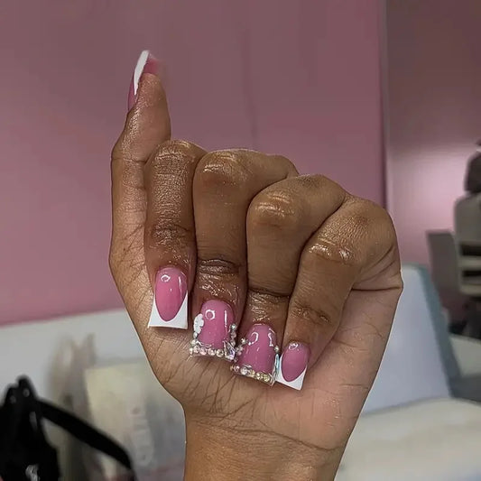 24pcs Duckbill False Nails Sets Fashion Glitter Sweet Flower Stick on Nude Pink Fake Nail Diamond Short Wearable Press on Nails