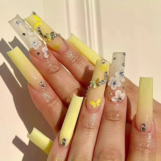 24pcs Flower Stick on Nail Art Leopard Print Brown Long Square Fake Nails Tips Pearl Design French Coffin Press on False Nails