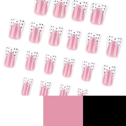 24pcs Simple White French Style Fake Nails Black Polka Dot Lace Edge Designs Ballet Press On Nails Duckbill Shaped False Nail