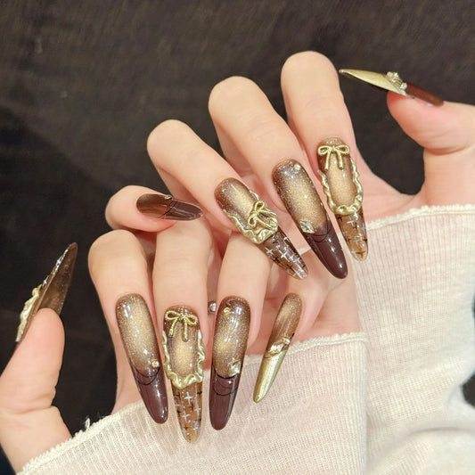10PCS Stiletto Handmade Press On Nails,Gradual Retro Luxury Style,Suitable For Festivals Parties And Daily Wear.