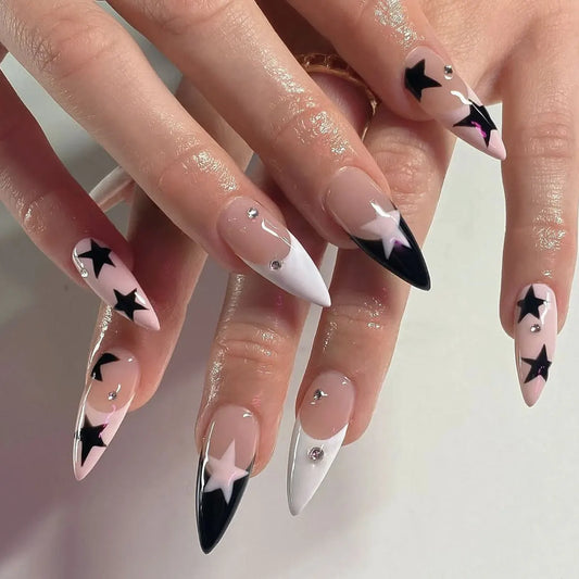 24pcs Long Stiletto False Nails Sets Star Pattern French Fake Nail Tips Metal Decor Almond Press on Nails Finished Pink Manicure