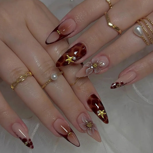 24Pcs Mid-length Almond Reusable Press on Fake Nails 3D Golden Flower Full Cover Nails Tips Wine Red Edge French False Nails Art