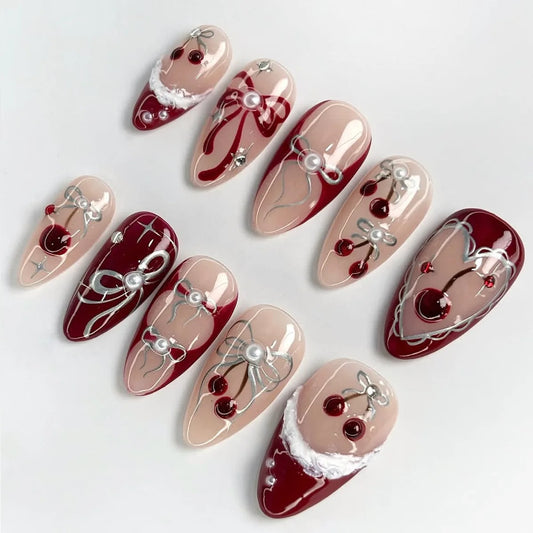 24pcs Simple Gradient Press on Nails Starlight Bow Design False Nail White Tips Long Almond Fake Nails Pearl Rhinestone Manicure