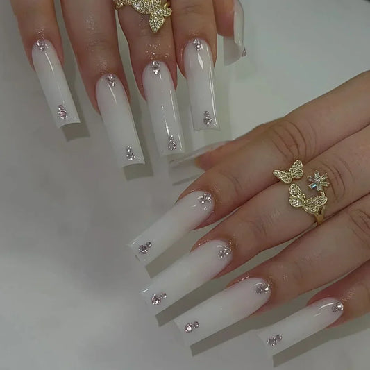 24Pcs Blue Long False Nails Butterfly Ballet French Cartoon Wearable Fake Nails Full Cover Design Press on Nails Tips Art