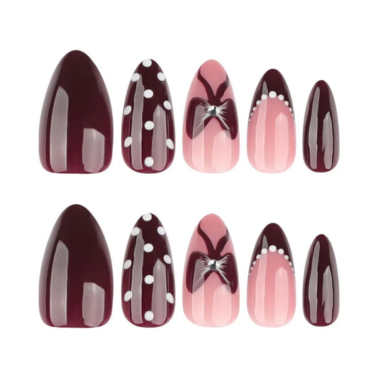 24PCS Almond False Nails Ladybug Polka Dot White Red French Tip Design Press on Nails Cute Sweet Bow Wearable Removable Nail Art