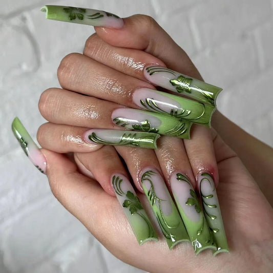 24pcs Gradient Purple Full Cover Nail Tips Flower Pattern Coffin Fake Nail Simple Glitter Rhinestone Long Square Press on Nails