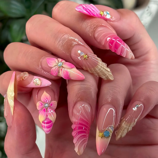 24pcs Ocean Fake Nails Shell Starfish Design False Nail Art Finished Flower Long Almond Press on Nails Tips Turtle Blue Manicure