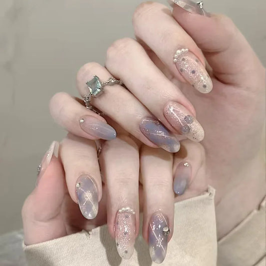 24pcs Wearable Finished False Nails Blue Gradient Cat's Eye Fake Nail Tips Round Almond with Diamond Pearl Design Press on Nails