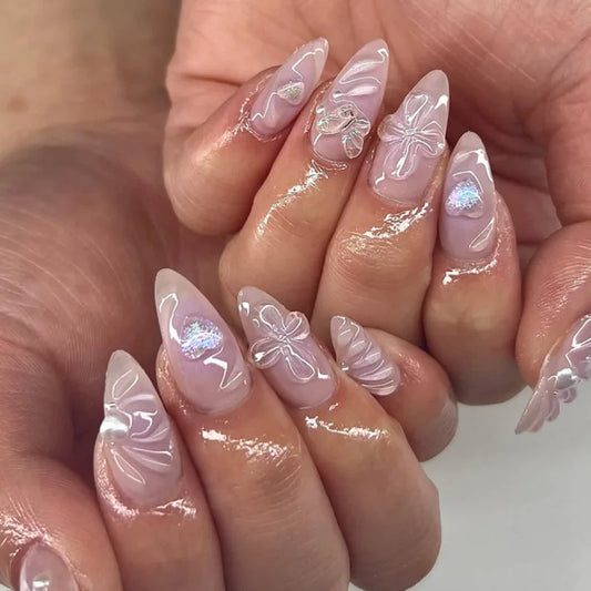 24Pcs Short Almond Detachable Fake Nails Press on Milk Yellow French Design Full Cover False Nails with 3D Flower Manicure Tips