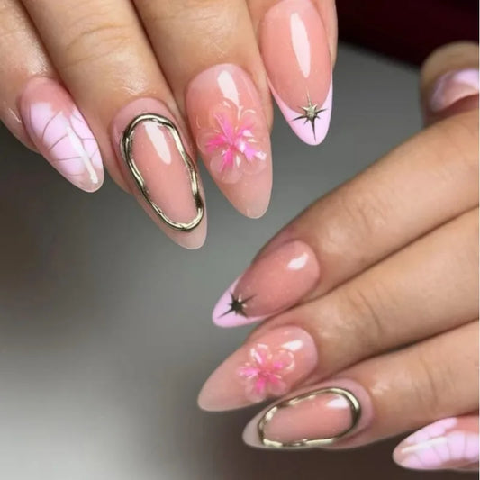24pcs Nude Color Press on Nails Sets Ins Pearl Rhinestone Flower Long Almond Fake Nails Tips Detachable French Flower False Nail