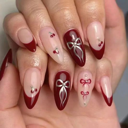 24Pcs Mid-length Almond Reusable Press on Fake Nails with Bow Love Heart Rhinestone False Nails Star Pearl Blusher Manicure Tips