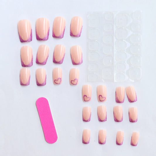 ARTAUG 24PCS Medium Coffin Pink Nails French Tip Press On Nails Love Design On Nails Tip Press On Nails Full Cover Fake Nail