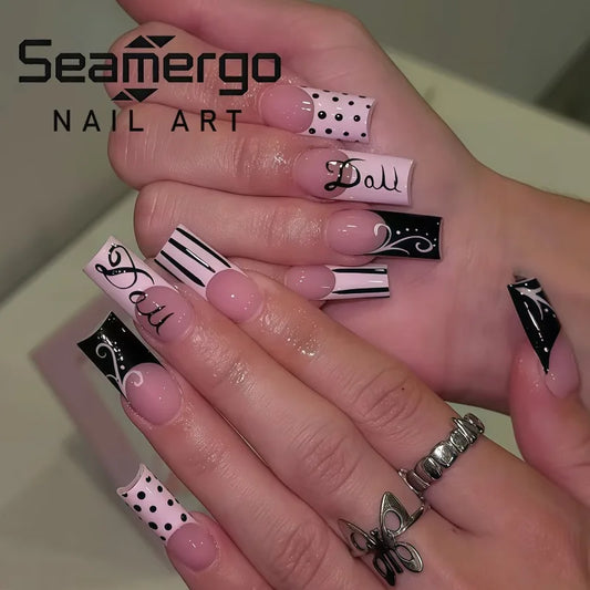 24PCS Square Press on Nails Leopard Print False Nails with Pink Bow and Black Polka Dot Design Fake Nails for Women Y2K Style