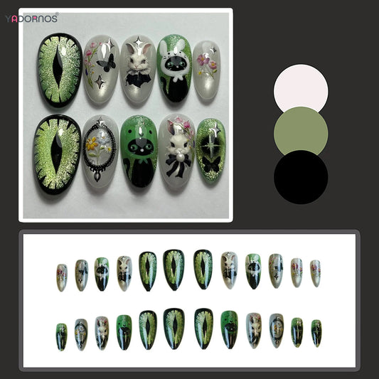 24pcs Black Cat's Eye Press On Nails Glossy Green Almond Sweet Cool False Nails With Cute Rabbit Flower Printed Fake Nail Tips