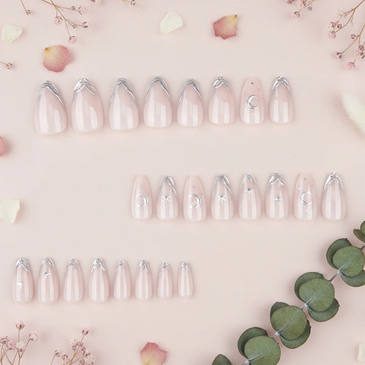 24pcs 3D Star Moon Fake Nails Almond Shape French Fake Nails for Women Party Wedding Wearable Fashion Press on Nails