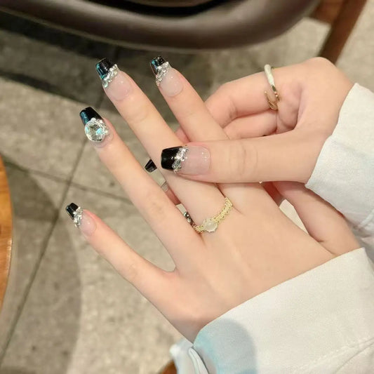 10pcs high-end Light luxury style, hand-painted three-dimensional round diamond, dazzling cat-eye handmade fake nails