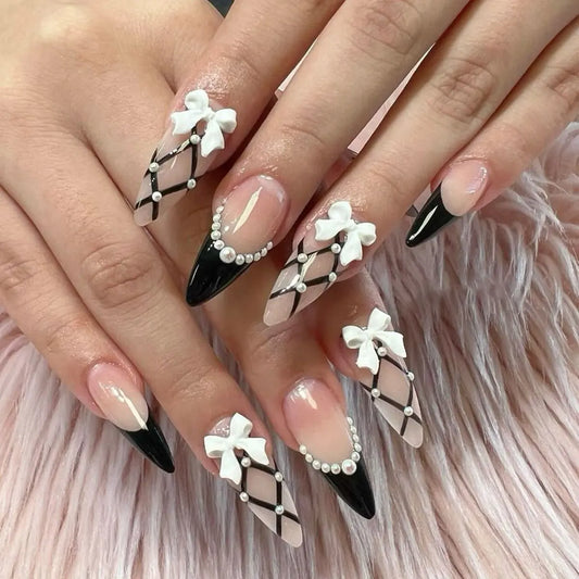 24PCS Sweet Cute Purple Love Bow False Nails Almond with Polka Dot Pearl Press on Nails French Design Ins Style Daily Fake Nails