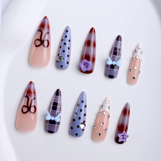 24pcs Long Stiletto False Nails Deep Plaid Blue Brown Stripes French Style Fake Nails Cute Bowknots Flower Button Press On Nail