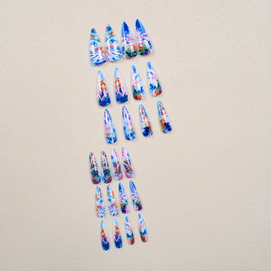 24pcs Summer Fresh False Nails Tips Long Almond Cute Underwater World Printed Press On Nails Ocean Series Wearable Fake Nail