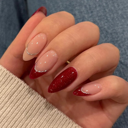 24Pcs Red White Lace French False Nails Mid-length Almond Wearable Press on Fake Nails 3D Bow Cherry Heart Full Cover Nails Tips