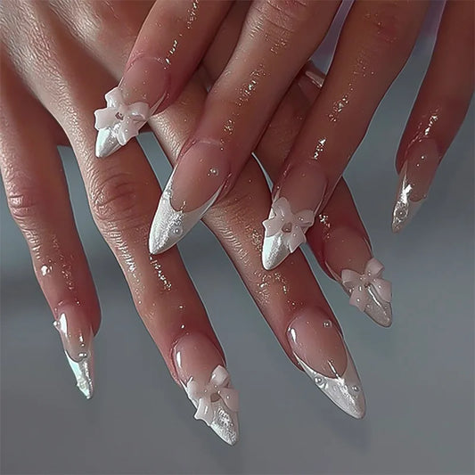 24Pcs Mid-length French Almond Press on Fake Nails 3D Bow Flower Butterfly False Nails Rhinestone Reusable Full Cover Nails Tips