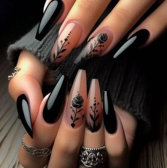 24pcs Mid-length Ballet Fake Nail Art Flower Pattern Gradient White Coffin Press on Nails Sets Simple Detachable False Nails Tip