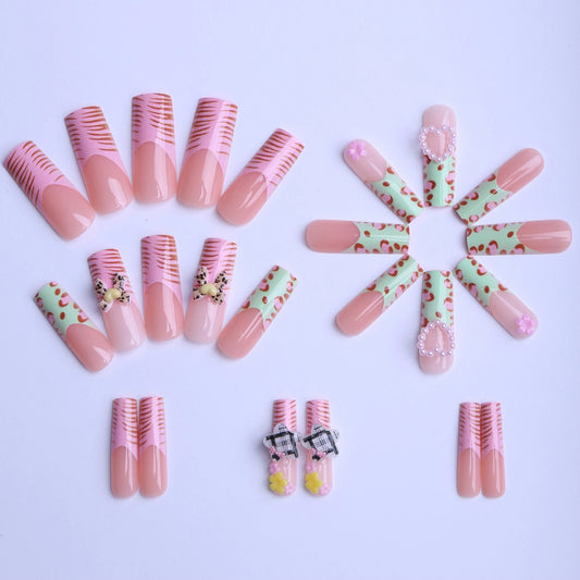 24pcs Long Square Fake Nails Zebra-Leopard Print French Style Spicy Girl False Nails With 3D Heart Bowknots Decor Press On Nails