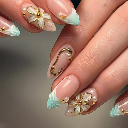 24Pcs Cat's Eye French 3D Flower Press on Fake Nails Full Cover Mid-length Almond False Nails Gilded Pearl Wearable Manicure Tip