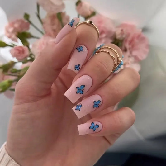 24pcs Pink False Nails Sets Simple Cute Love Design Fake Nail Tips French Short Square Press on Nails Wearable Ballet Manicure