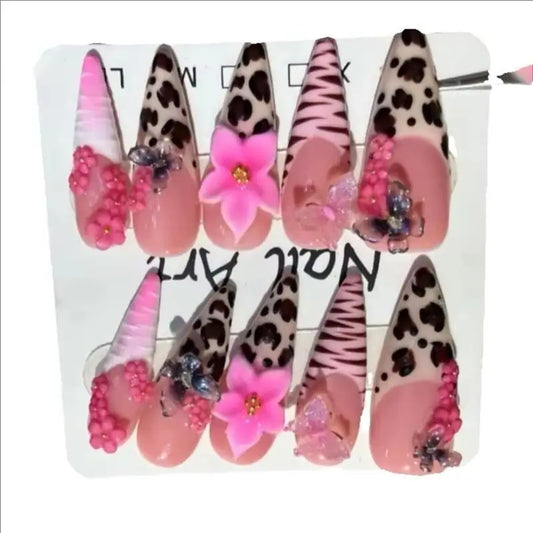 10Pcs Long Tip Leopard Print False Nails for Spice Girl Full Cover Flower Butterfly Nails Wearable Nail Supplies Накладные Ногти
