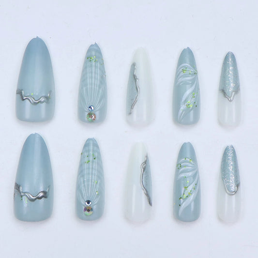 10PCS Pressing Nail Almond Shell Ocean 3d Flash Full Coverage Fake Nail Acrylic Nail Suitable For Women