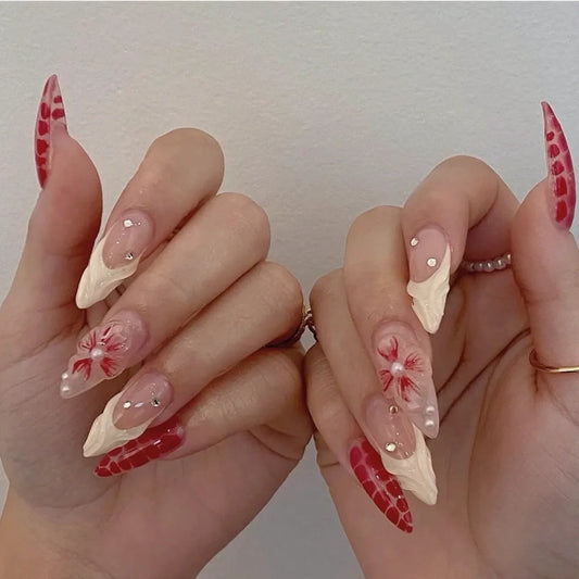 24pcs Almond Sweet False Nails Wearable Flower Cat's Eye Nails Sets Press on French Pink Fake Nail Tips Glitter Stick on Nail