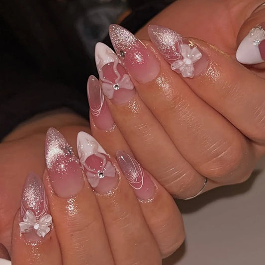 24pcs Sweet Cat Eye French Press on Nails Diamond Bow Design False Nail Wearable Nails Tips Finished for Women Long Almond Nail