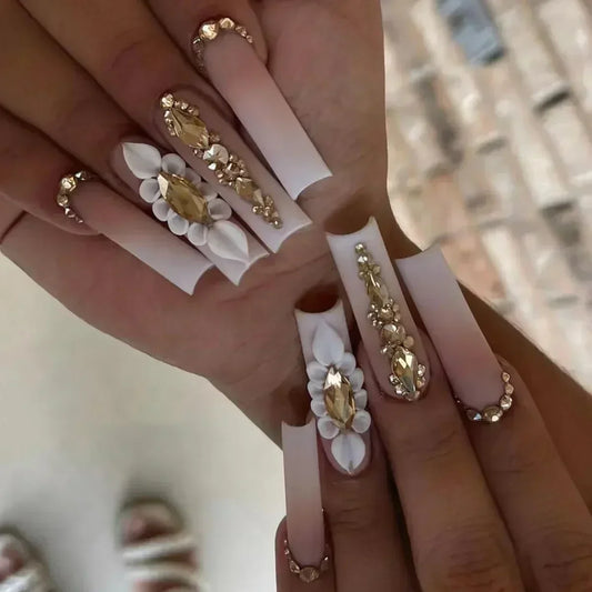 24Pcs False Nails Long Coffin Ballet French with Rhinestones Wearable Fake Nails Blue Flower Full Cover Press on Nails Tips Art