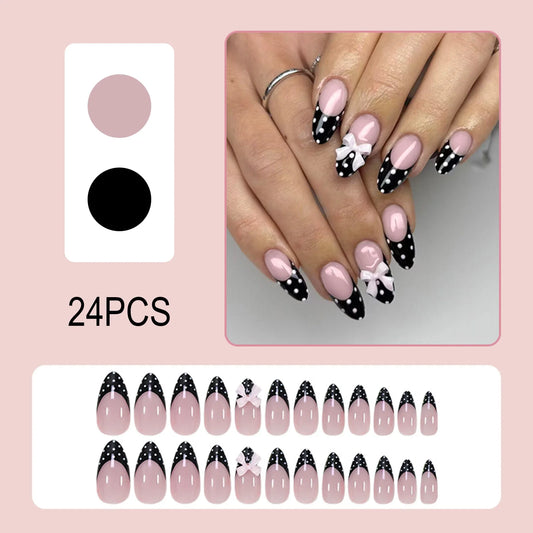24pcs Black French Style Almond False Nails White Polka Dot Bowknots Decor Press On Nails Full Cover Korean Wearable Fake Nail