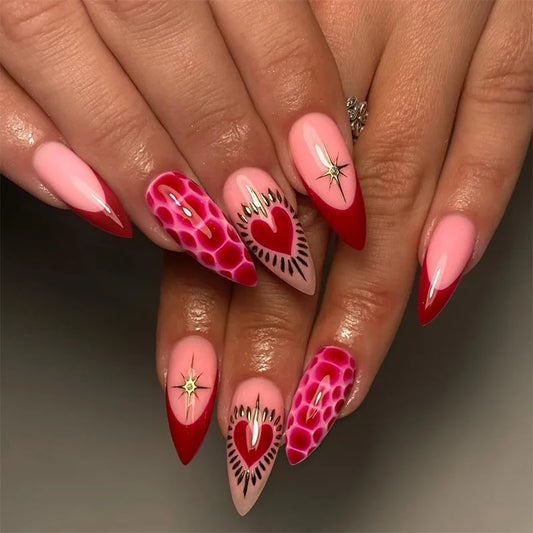 24pcs Brown False Nails Flower Leopard Print Full Cover Nail Long Almond Fake Nail Wearable Golden Pearl Design Press on Nails