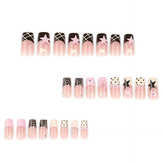 24pcs Mid-length Sqaure Fake Nails Sweet Cool Stars Spiral Stripes French Style False Nails Clear Bowknots Pearl Press On Nail
