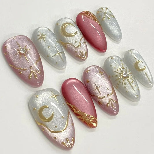 24pcs Gilded Starlight Stick on Nail Art Glitter Rhinestone Wearable Press on Nails Tips Blue Almond False Nails Sets Fake Nail