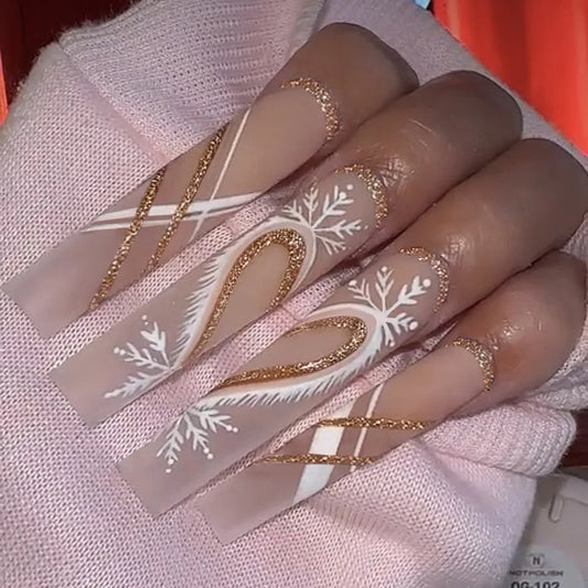 24pcs European Long Ballet Press on Nails Winter Christmas Snowflake False Nails Wearable Detachable Gradient Blue Fake Nails