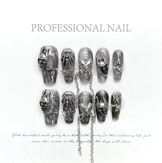 Handmade Punk Press on Nails Black Chain Tassel Fake Nails with Designs Glitter Diamond Bowknot Butterfly Girls Y2K False Nails