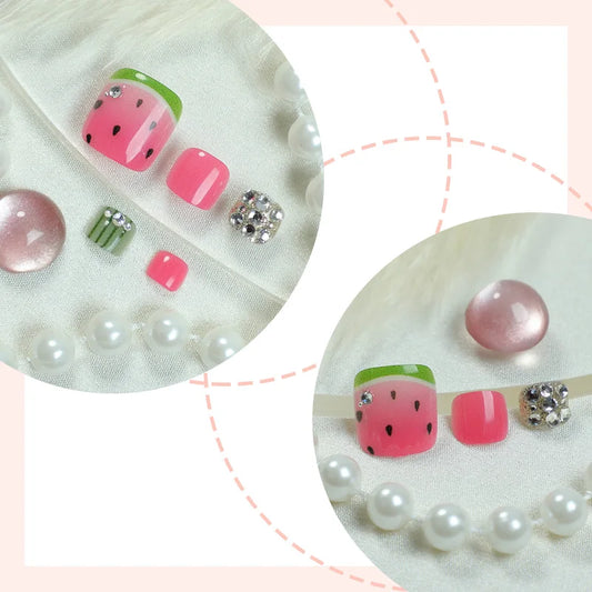 24pcs Colorful Painted Watermelon Fake Toenails Little Fresh Summer Beach Wearable False Toenail Shiny Diamond Press On Toenails