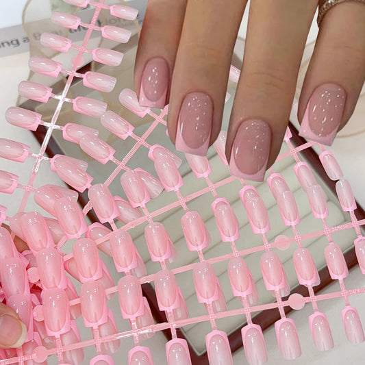 120Pcs Short Square White French Fake Nails Tips Nude Pink Coffin-shaped Glossy Press on nails Full Cover Wearable False Nails-#