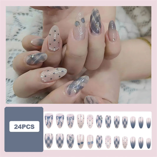24pcs Glossy Almond False Nails Blue Gray Gradient Bowknots Shiny Sequins Diamond Press On Nails Ins Style Plaid Fake Nail Tips