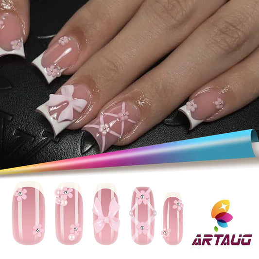 10PCS Square French White Border Design 3d Pink Bow Design Short Nails, Pink Cherry Blossom Decoration Nails Pressure Nails