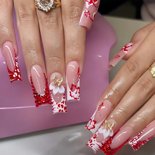 24Pcs Long Nude Square Head Nails Set Press on Rhinestone Decoration False Nails Detachable Finished Full Cover Fake Nails Tips